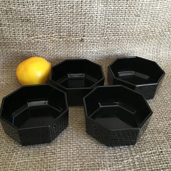 Octime Black Glass  Small Bowls Octagonal Shape Set of 4 Vintage - Picture 2 of 3
